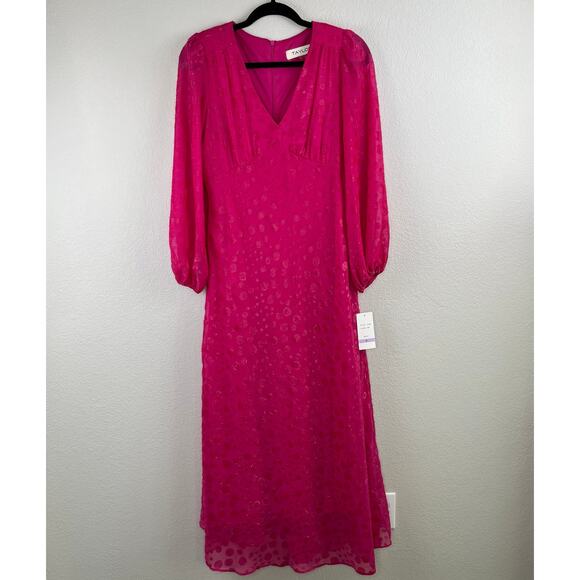 Taylor Pink Chiffon Clip-Dot Long Balloon Sleeve V-Neck Midi/Maxi Dress 6 NWT - Picture 13 of 14